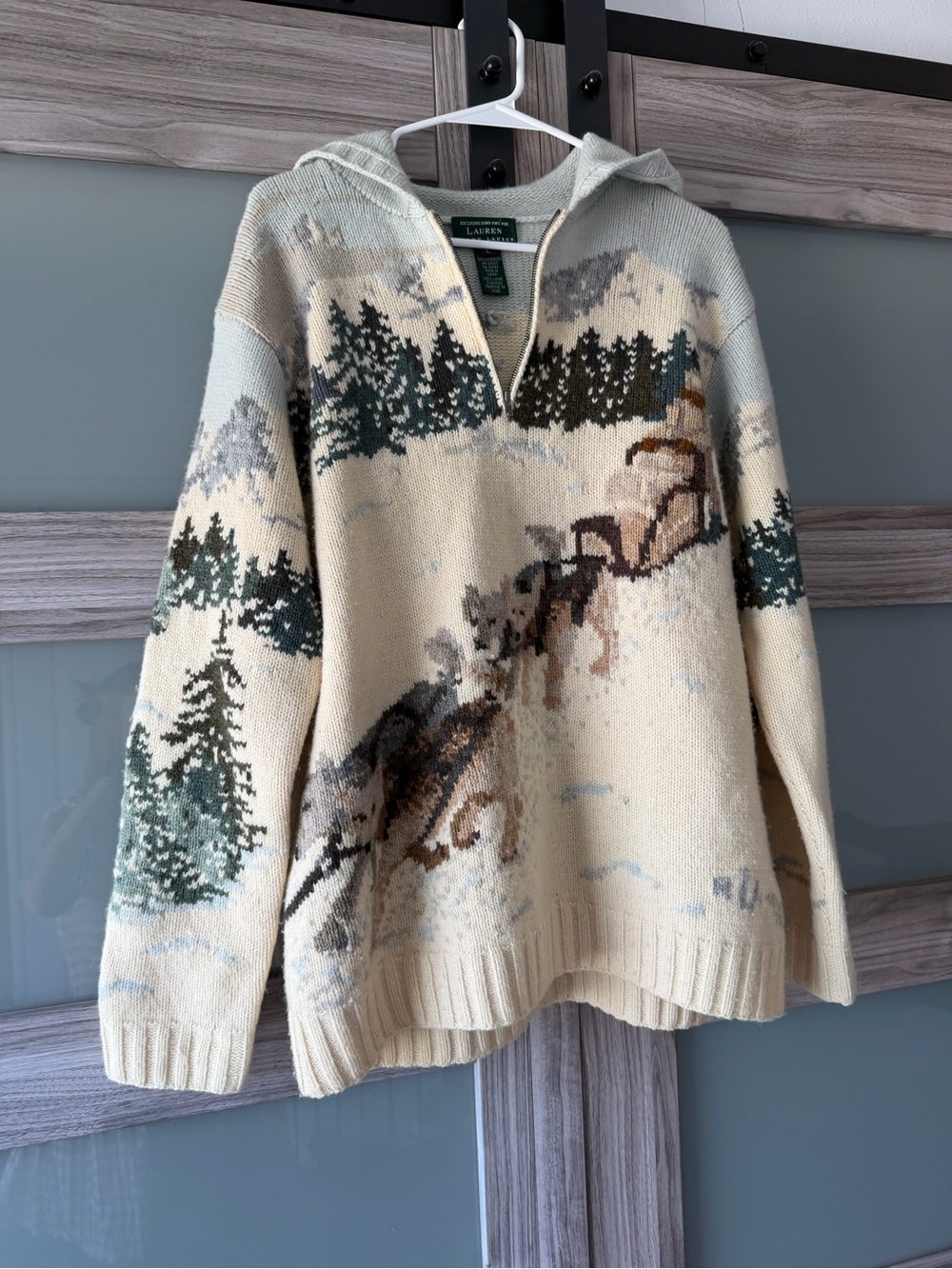 Vintage Lauren Ralph Lauren Hand Knit Lambswool Ski Sweater Hoodie L Winter
